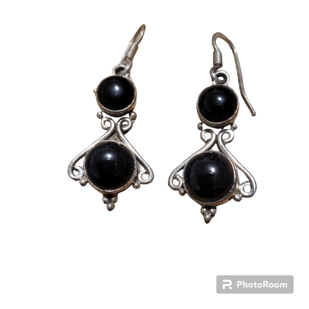 Vintage silver plated and black onyx dangle earrings